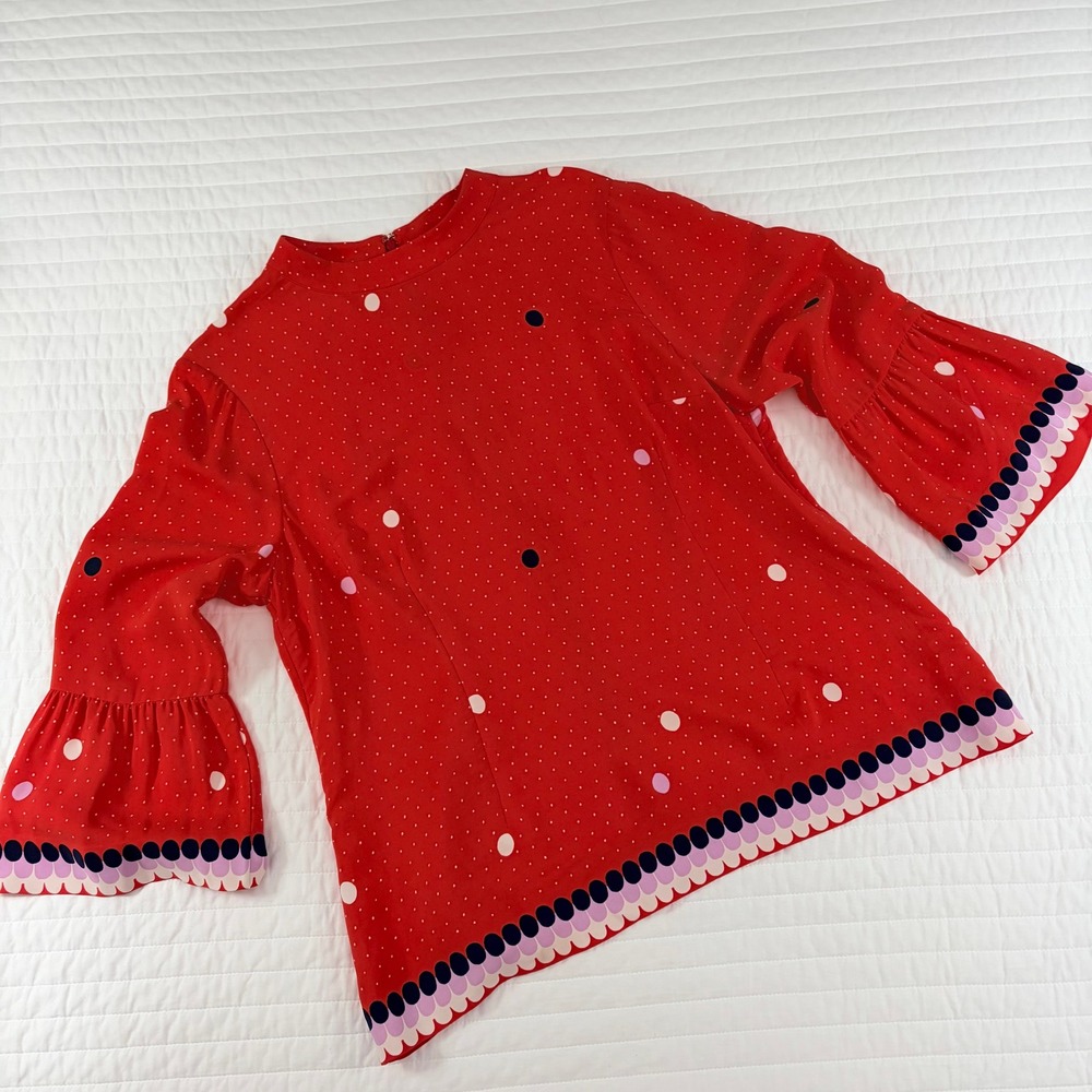 Boden Red Polka Dot Bell Sleeve Trim Blouse Womens Size 12